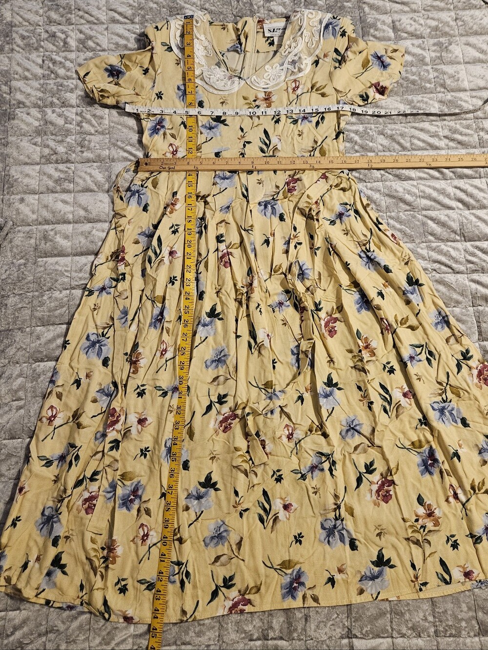 Vintage Prairie Cottagecore Floral Midi Dress Yellow Lace Collar Empire Waist 8 - Picture 13 of 13